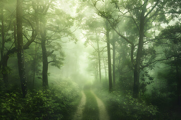 Obraz premium Serenity in the Mist: A Foggy Morning in a Dense Forest Inviting Reflection and Tranquility