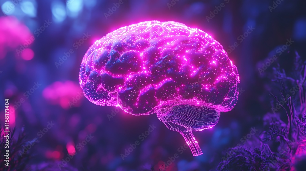Poster a glowing, futuristic representation of a brain in a vibrant, surreal environment.