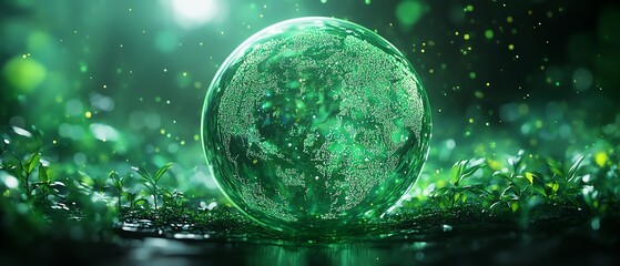 Green crystal globe ball glowing with ecofriendly symbols, representing CSR and sustainable business practices, environmental concept, generative AI style