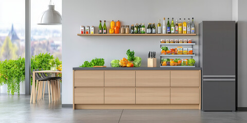 Modern kitchen with stocked fridge and fresh produce on counter
