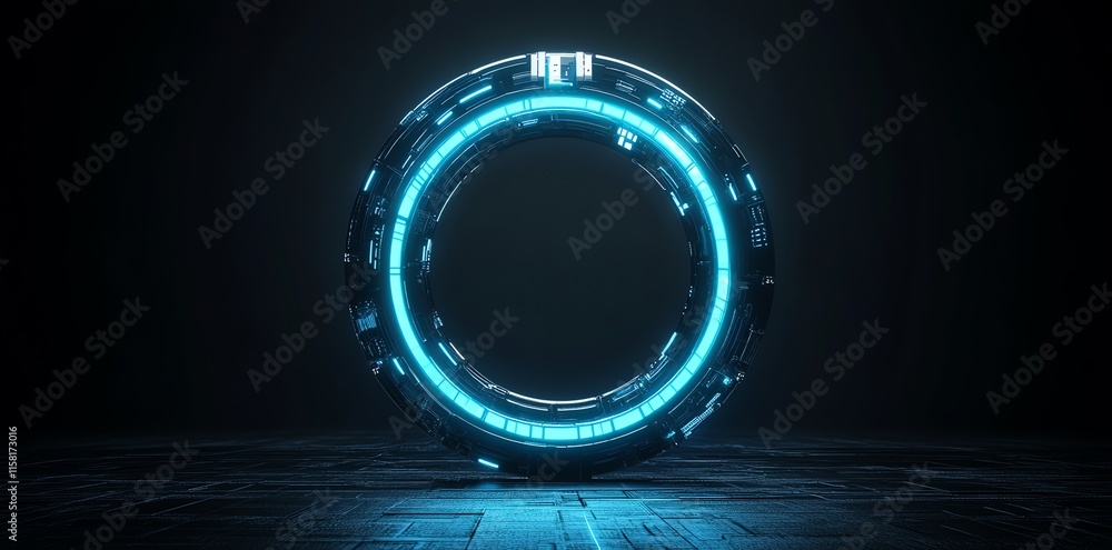 Poster a futuristic glowing portal with a circular design, set against a dark background.