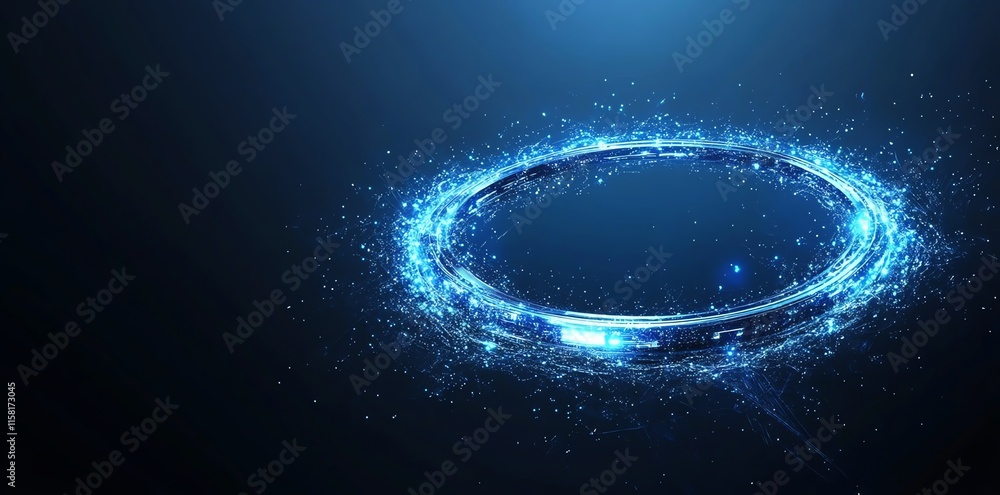 Poster a glowing blue circular portal with sparkling particles against a dark background.