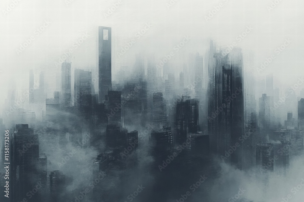 Poster dense smog blankets city skyline, obscuring buildings and structures in urban landscape. generative 