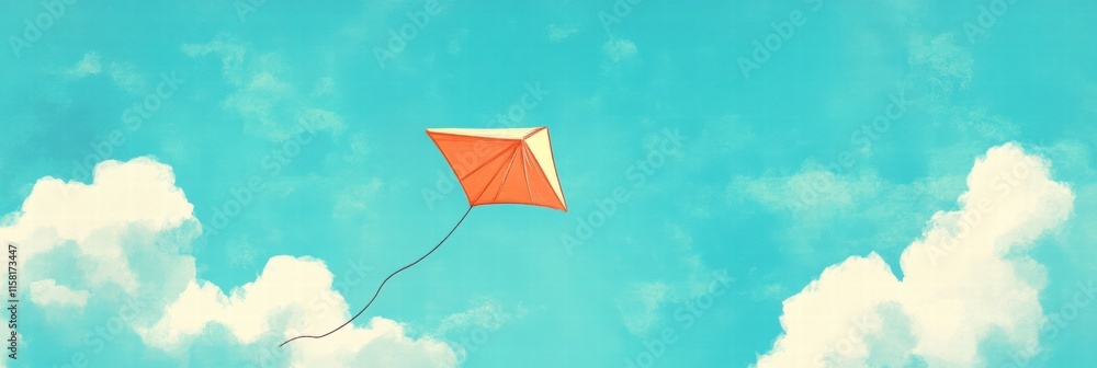 Poster bright orange kite flying high in a vivid blue sky with fluffy white clouds waiting for creative tex