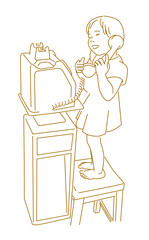  little girl using vintage telephone when sitting on chair