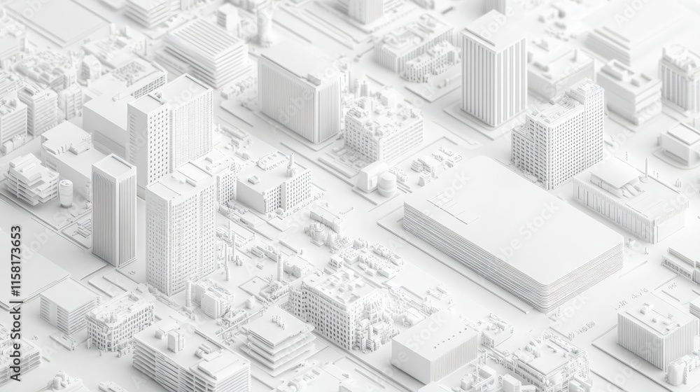 Poster a minimalist 3d model showcasing an urban landscape with various buildings and structures, rendered 