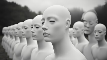 A row of white mannequins stands in a foggy outdoor setting, creating an eerie and surreal atmosphere.