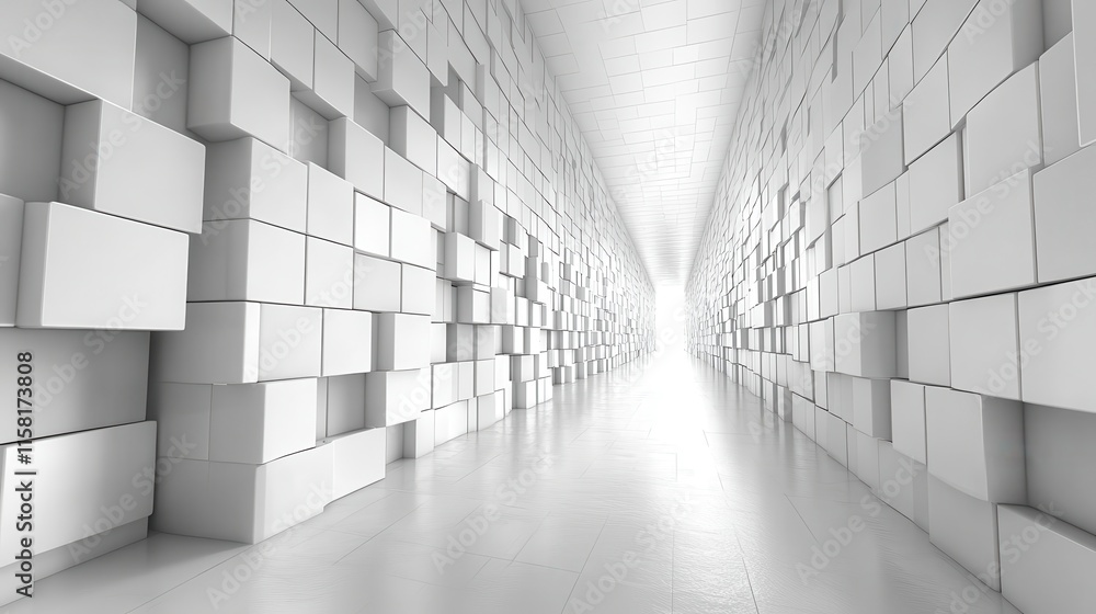 Poster a bright, minimalist corridor of white blocks creates a sense of depth and openness, inviting explor