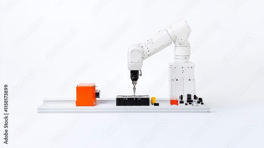 Poster a robotic arm engages in automated tasks, demonstrating precision and efficiency in a clean, minimal