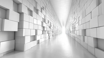 A bright, minimalist corridor of white blocks creates a sense of depth and openness, inviting exploration into the ethereal space ahead.