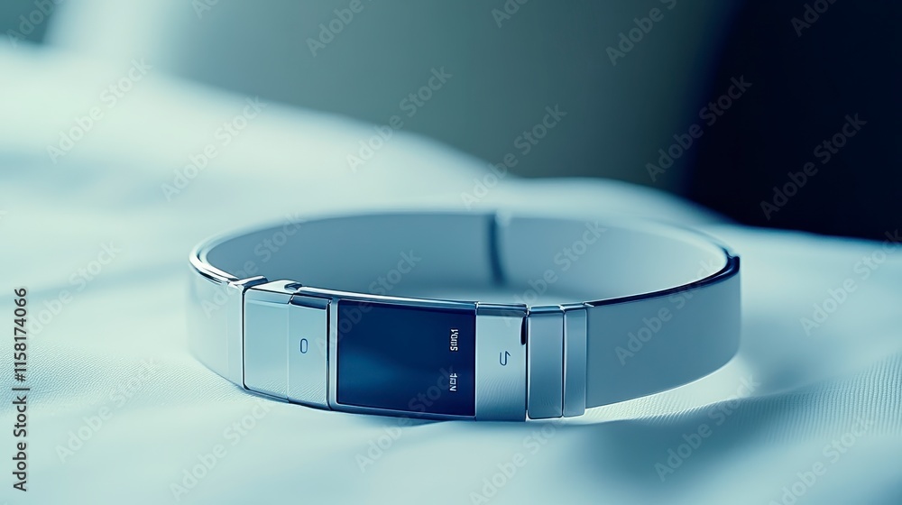 Poster a sleek, modern smartwatch resting on a soft surface, showcasing a minimalistic design with a digita