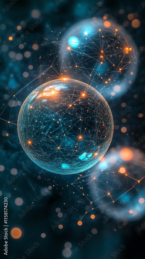 Poster Abstract visualization of interconnected spheres and networks, representing scientific concepts.
