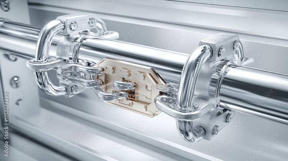 Poster a close-up of a metallic locking mechanism, showcasing robust features and intricate design, emphasi