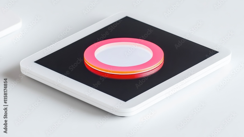 Poster a circular object with a vibrant pink rim rests on a sleek black square surface, creating a modern a