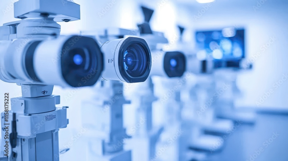 Poster a row of advanced optical devices with lenses, set in a high-tech environment, emphasizing precision