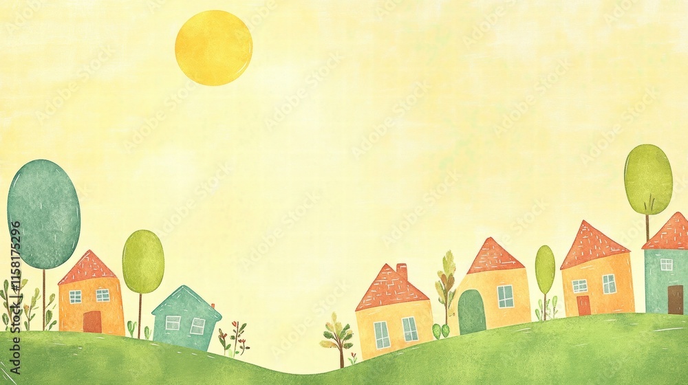 Aufkleber naive art style landscape featuring colorful houses on a sunny day with space for added text. genera
