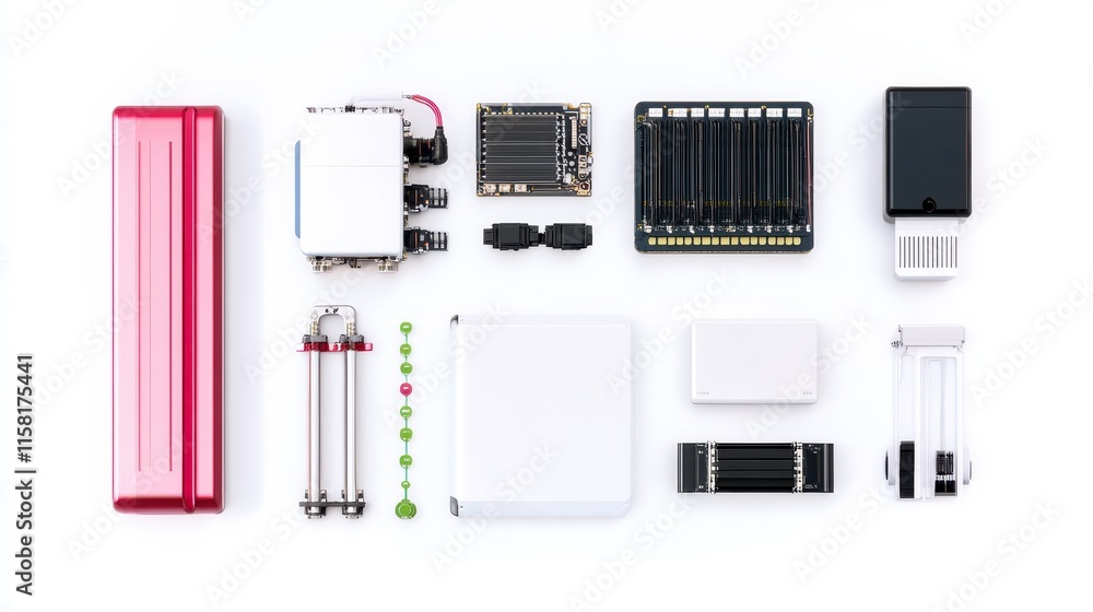 Poster a collection of electronic components and modules arranged neatly, showcasing various parts like bat