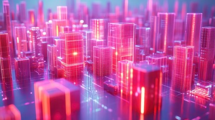 Fototapeta premium A vibrant, futuristic cityscape featuring glowing pink and blue skyscrapers, creating a digital, high-tech atmosphere.