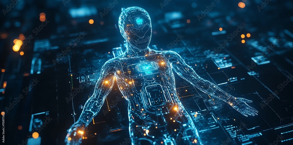 Poster A digital humanoid figure composed of glowing circuits and data, symbolizing technology and innovation.