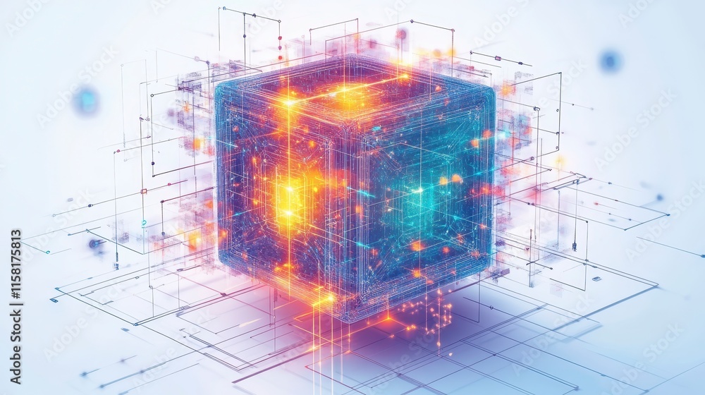Poster a vibrant, abstract representation of a digital cube surrounded by glowing particles and lines, symb