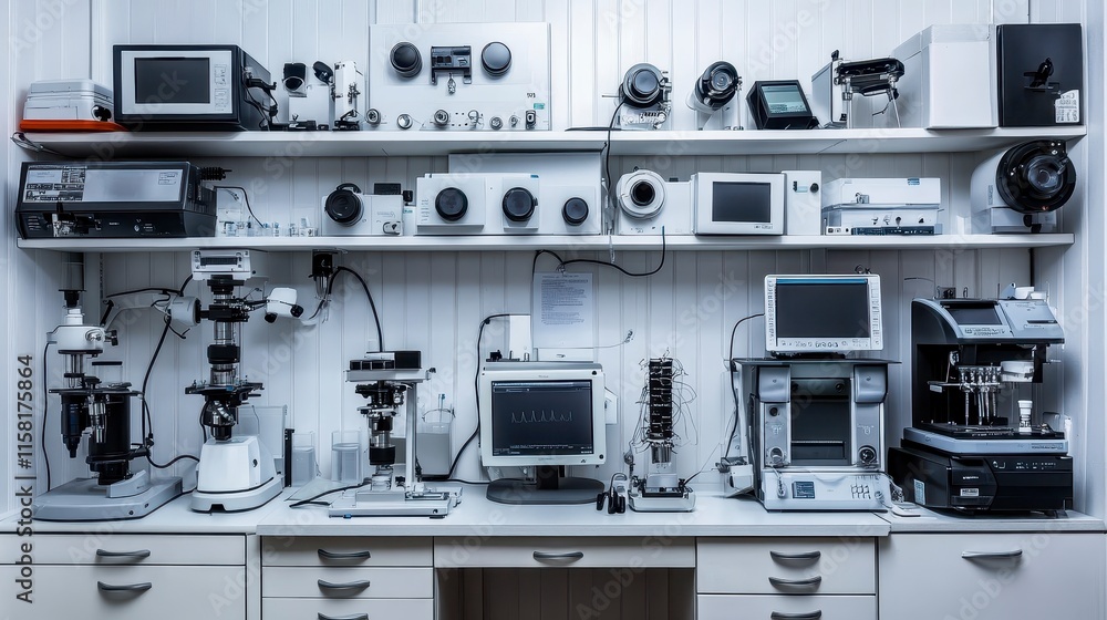 Poster a laboratory workspace featuring various scientific instruments and equipment neatly arranged on she