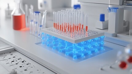 A modern laboratory setup featuring colorful test tubes arranged on a glowing platform, showcasing advanced scientific research and experimentation.