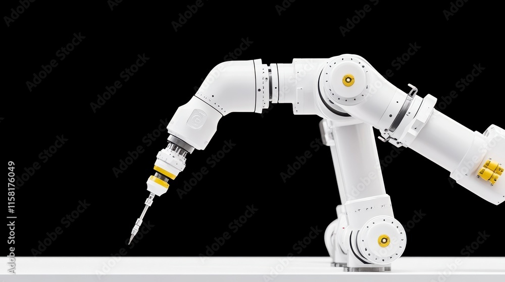 Poster a robotic arm with a precision tool extends from a sleek base against a dark backdrop, showcasing ad