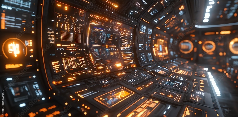 Poster a futuristic control room with illuminated panels and screens, suggesting advanced technology.