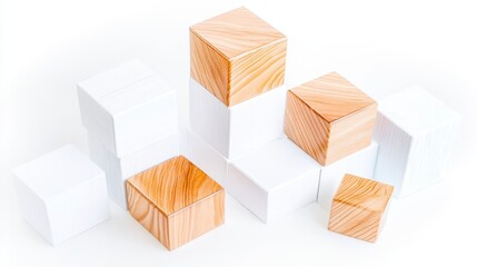 A minimalist arrangement of wooden and white blocks, showcasing geometric shapes and clean lines.