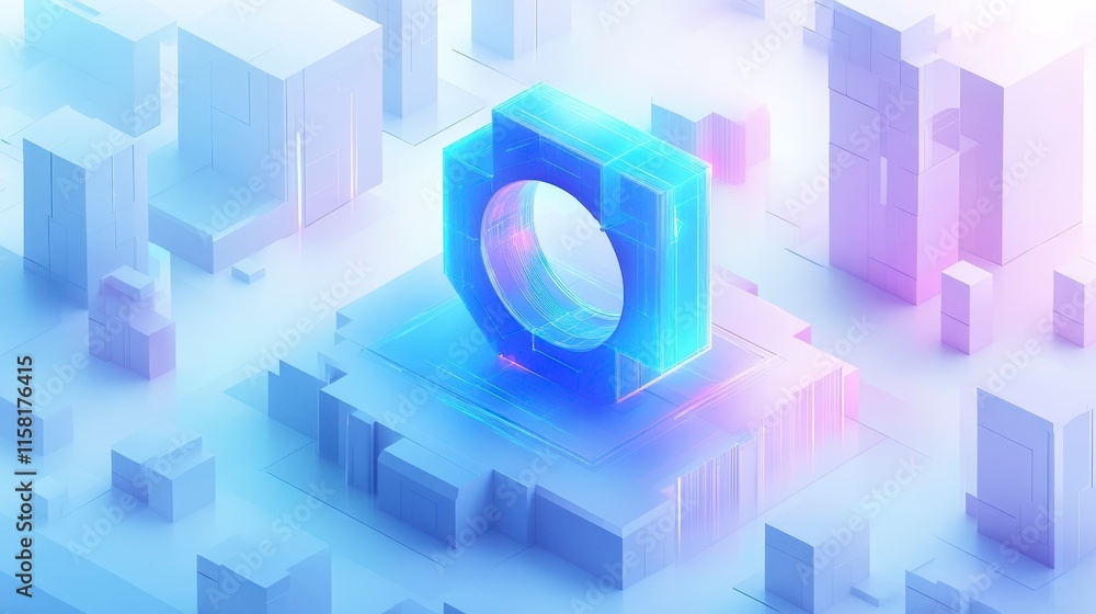 Poster a vibrant, abstract 3d design featuring a glowing ring surrounded by geometric structures, creating 