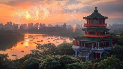 Obraz premium Aerial view of chinese new year fireworks festival in urban landscape