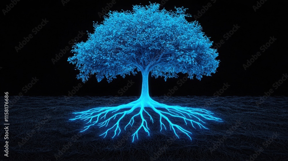 Poster the goal is to align dreams with purpose concept. glowing blue tree with intricate roots against a d
