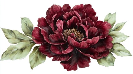 A fully bloomed red peony with ruffled petals, surrounded by green leaves, isolated on a white background, evoking the elegance of vintage botanical art.
