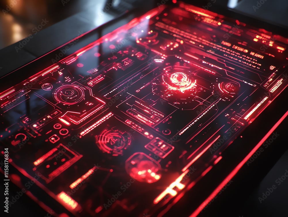 Poster A futuristic digital interface with glowing red elements and data displays.
