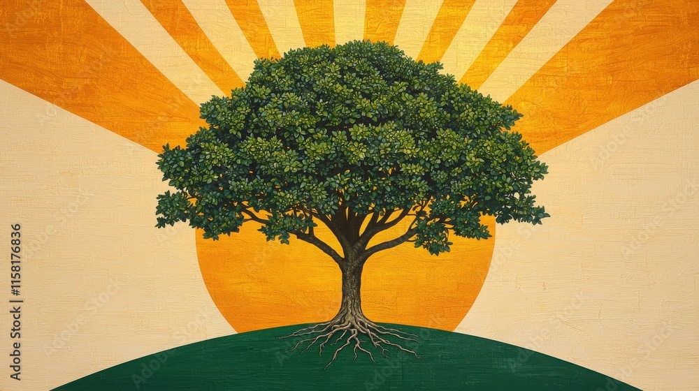 Poster the goal is to align dreams with purpose concept. vibrant tree with sun rays on a colorful backgroun
