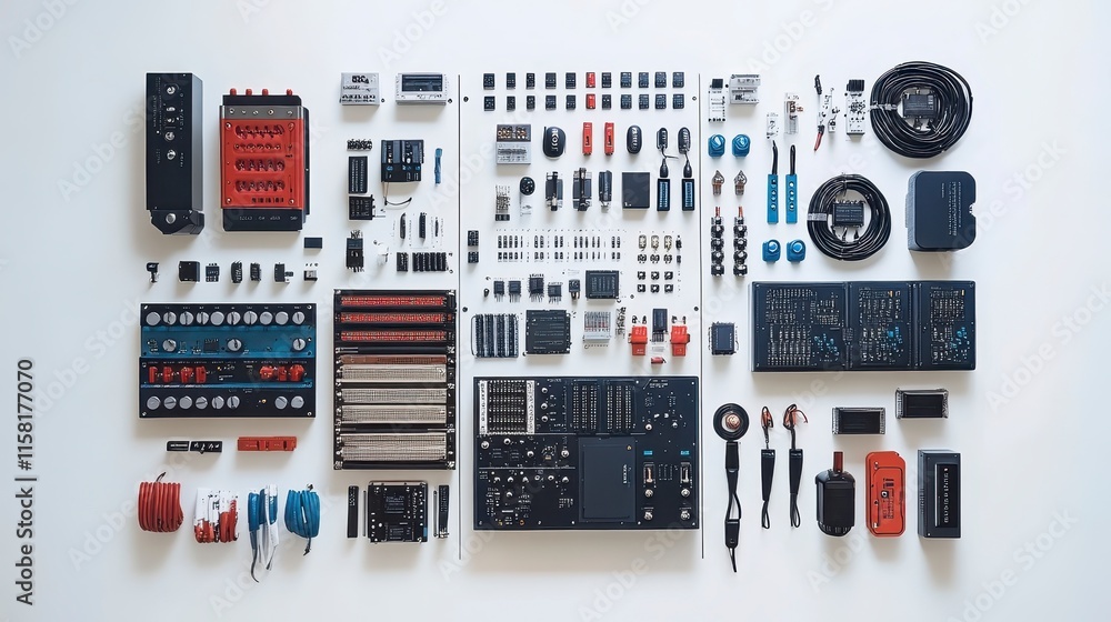 Poster a flat lay of assorted electronic components and tools neatly arranged, showcasing a variety of item
