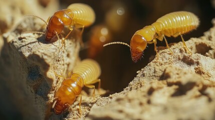 Close-up of three termites on wood, showing their segmented bodies and antennae.