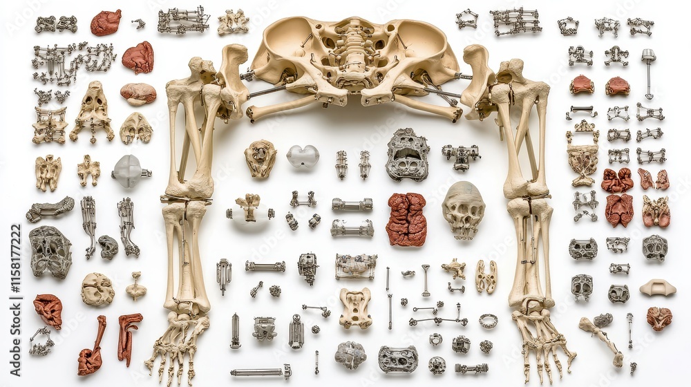 Poster a detailed arrangement of skeletal and anatomical structures, showcasing various bones and component