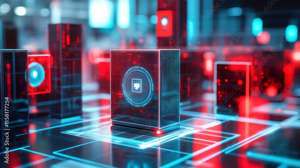 Poster a futuristic digital landscape featuring glowing cubes and circuits in red and blue tones, represent