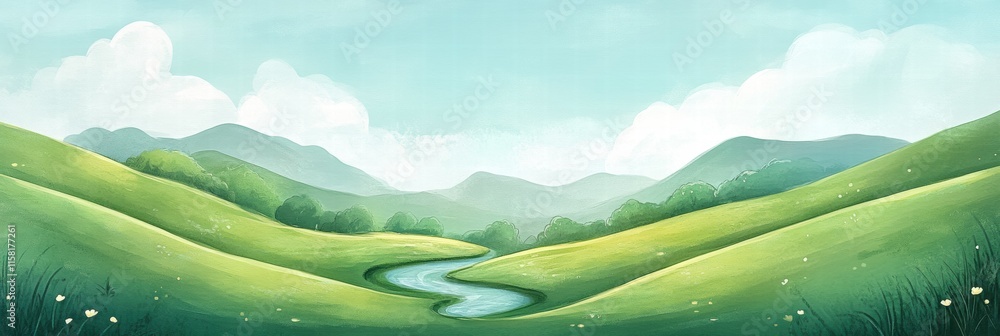 Poster warm and inviting naive art landscape featuring a winding river, gentle hills, and soft clouds under
