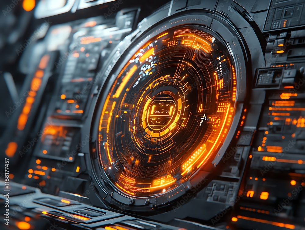 Poster Futuristic interface with glowing orange elements and intricate circuitry.