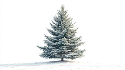Fototapeta premium A tall spruce tree with symmetrical branches and dark green needles, isolated in a snowy field with soft sunlight reflecting off the snow