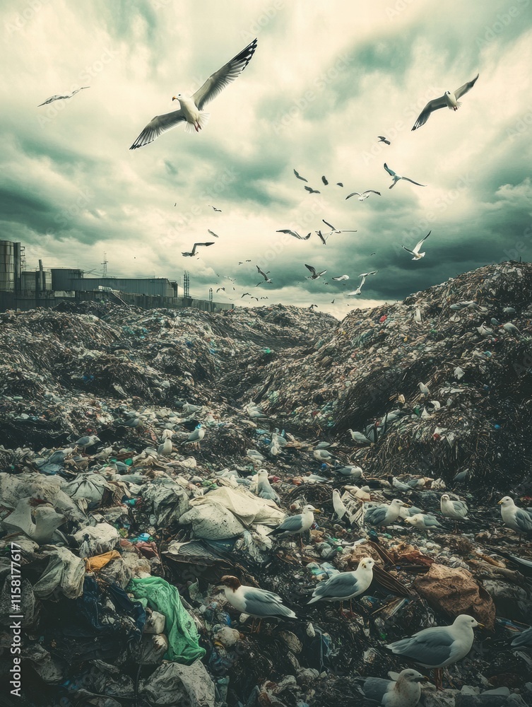 Poster seagulls soaring over a massive landfill with stormy skies above, offering space for text and contem