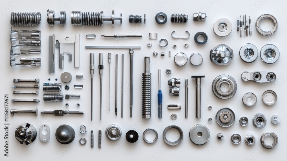 Poster a layout of various metallic parts and hardware components arranged neatly, showcasing different sha