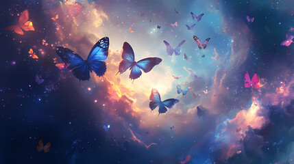 Cosmic dance amidst the celestial void: butterflies of the black hole nebula. Aetherial. Illustration