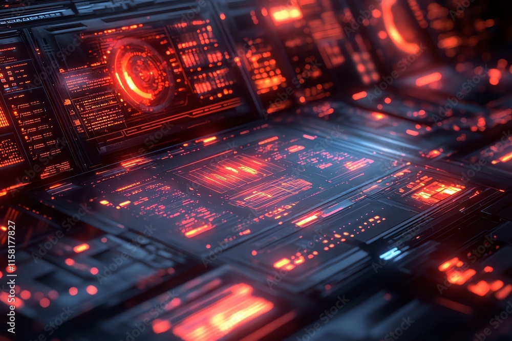 Poster Futuristic interface with glowing panels and intricate data displays.