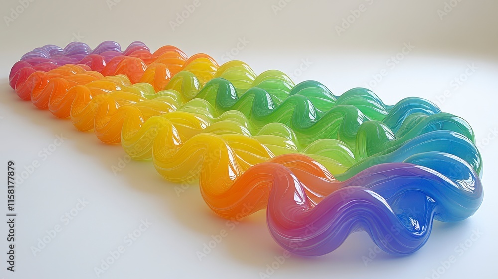 Poster a colorful, wavy line of translucent, plastic objects in rainbow hues, creating a playful and vibran