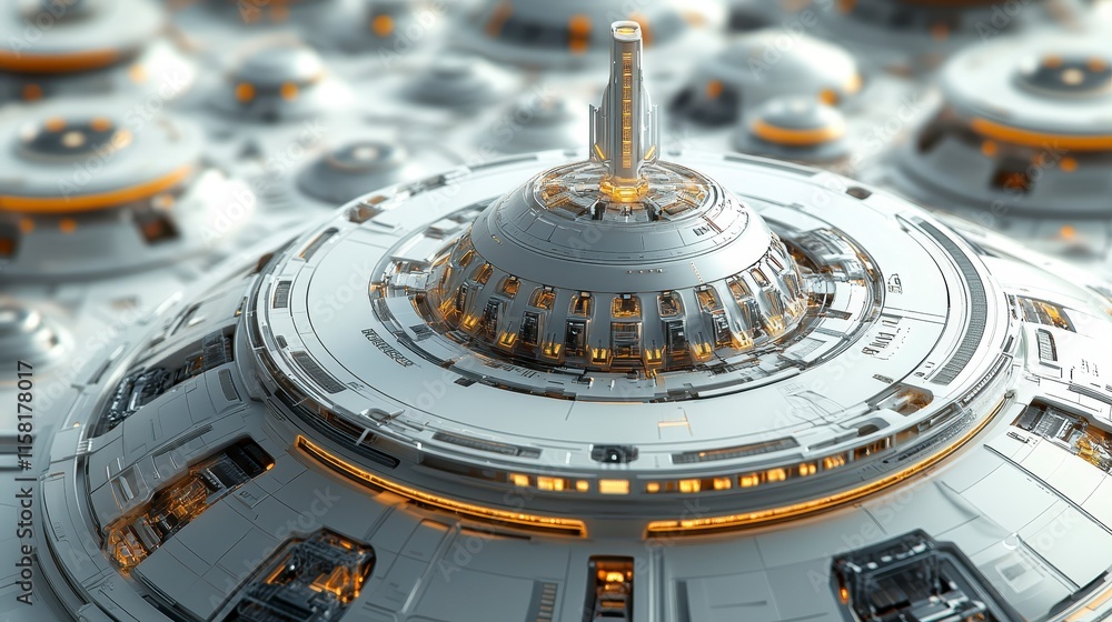Poster a futuristic, sci-fi structure resembling a ufo, featuring a circular design with glowing elements, 