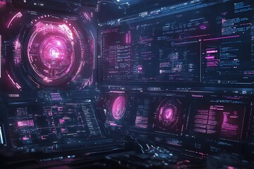 A futuristic digital interface with glowing elements and data displays.