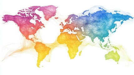 A colorful watercolor map of the world, showcasing continents in vibrant hues, ideal for artistic or educational purposes.